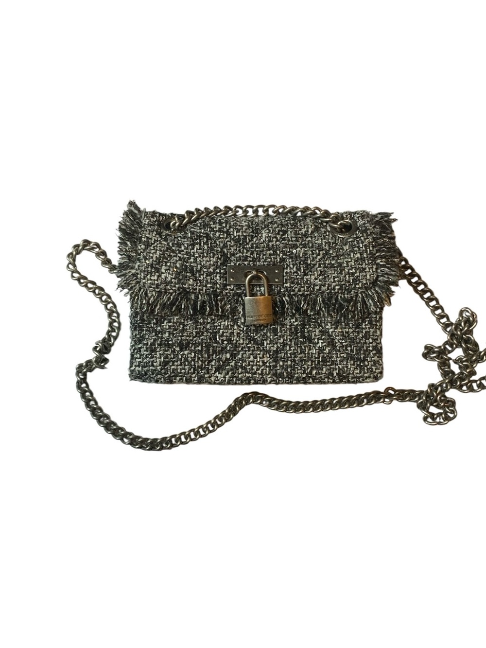 Kurt Geiger London Brixton Tweed Lock Shoulder Bag Grey Frayed Chain Crossbody